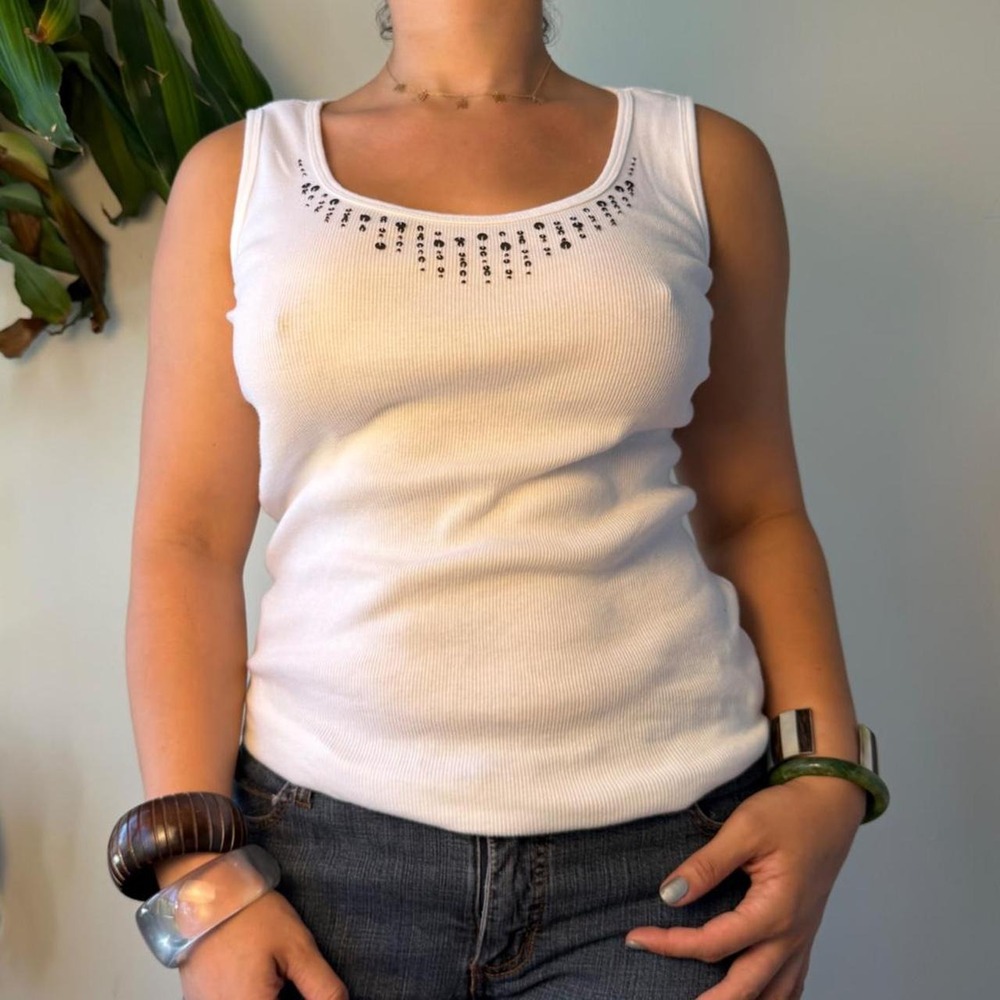 St Johns Bay White Cotton Ribbed Tank Top Sequin Beaded Neckline Y2K Womens M
